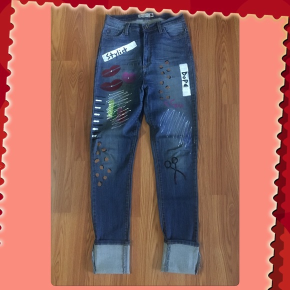 Hand Painted High-Waisted Stretch Jeans - Picture 2 of 5